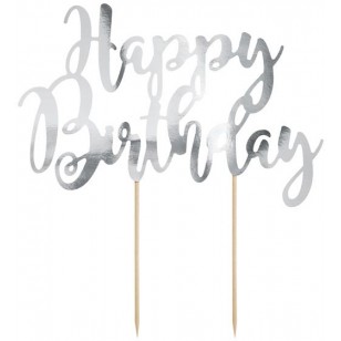 Silver Happy Birthday Cake Topper